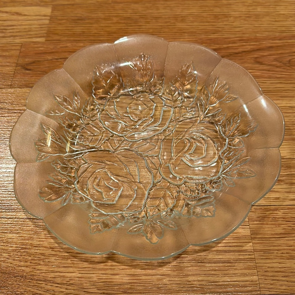 Vintage Pasari Crystal Livia Rose Pattern Soup Saucer Frosted Scalloped Edge